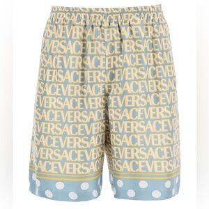 Versace Men's Blue and Cream Logo Swim Shorts